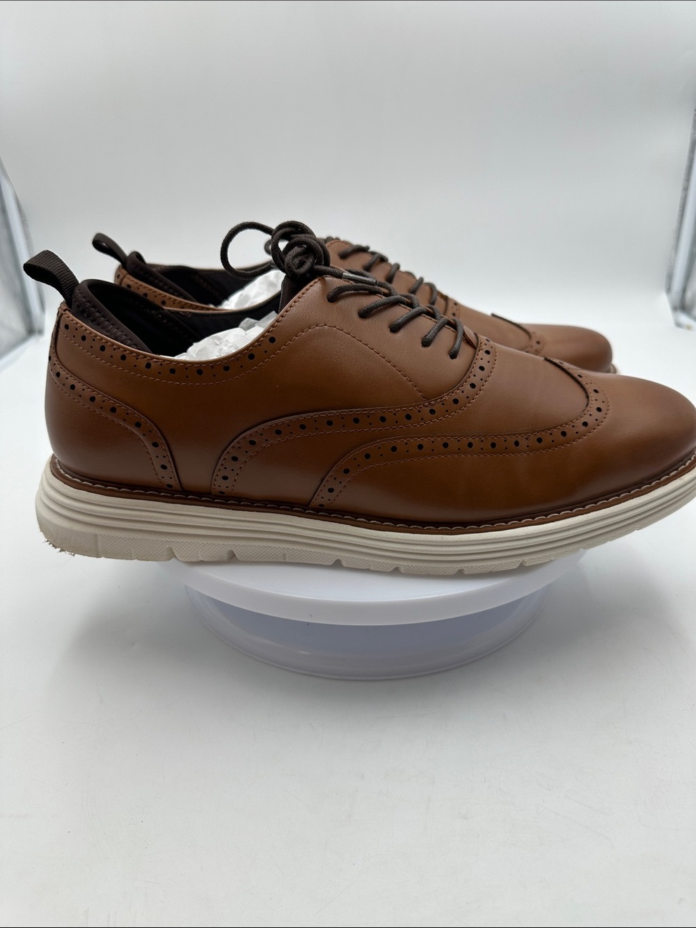 Men's Tan Leather Brogue Derby Shoes with White Sole
